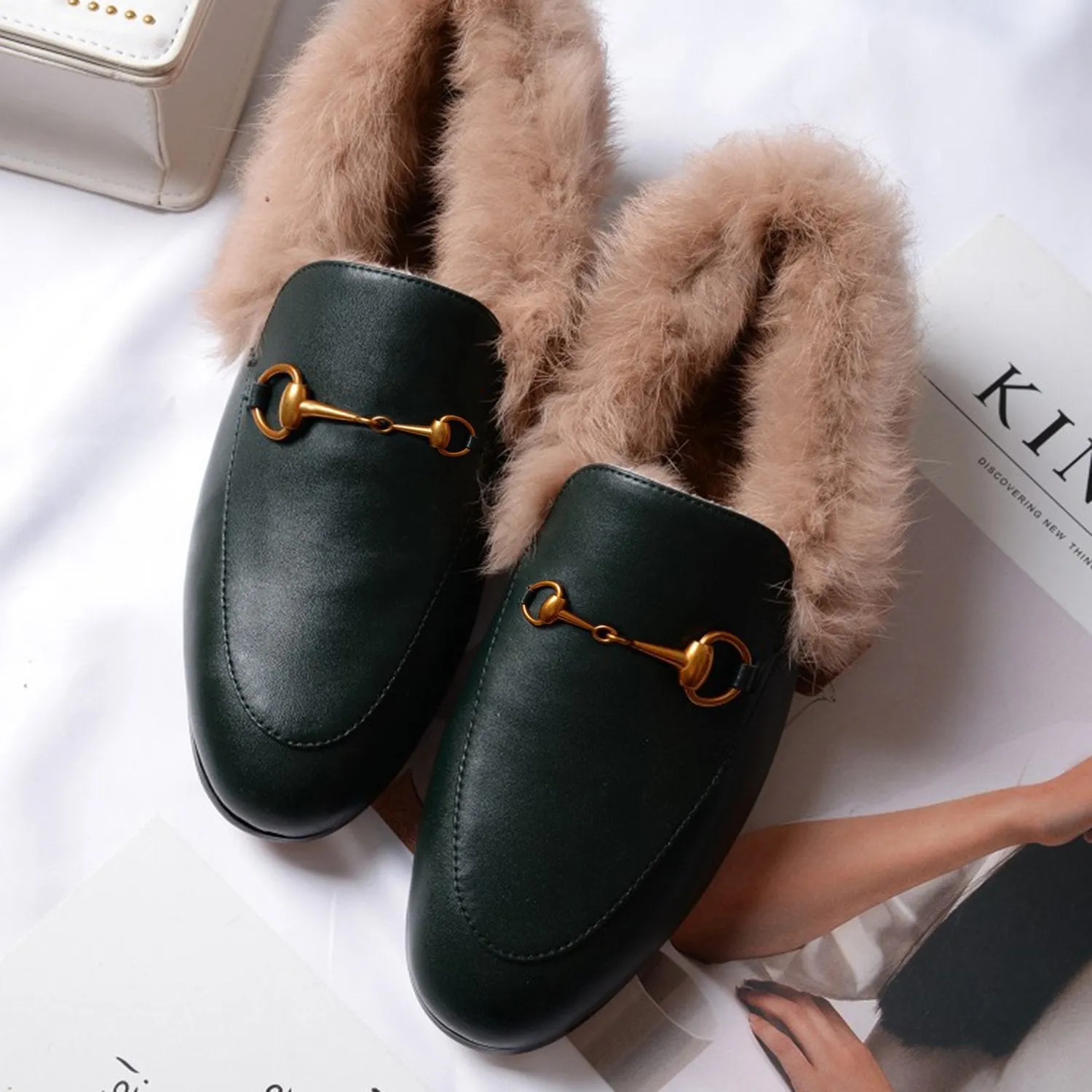 Womens Horsebit Chain Fur Slip-on Penny Loafers