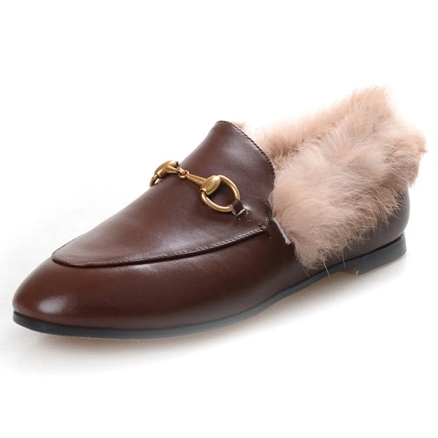 Womens Horsebit Chain Fur Slip-on Penny Loafers