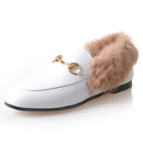 Womens Horsebit Chain Fur Slip-on Penny Loafers