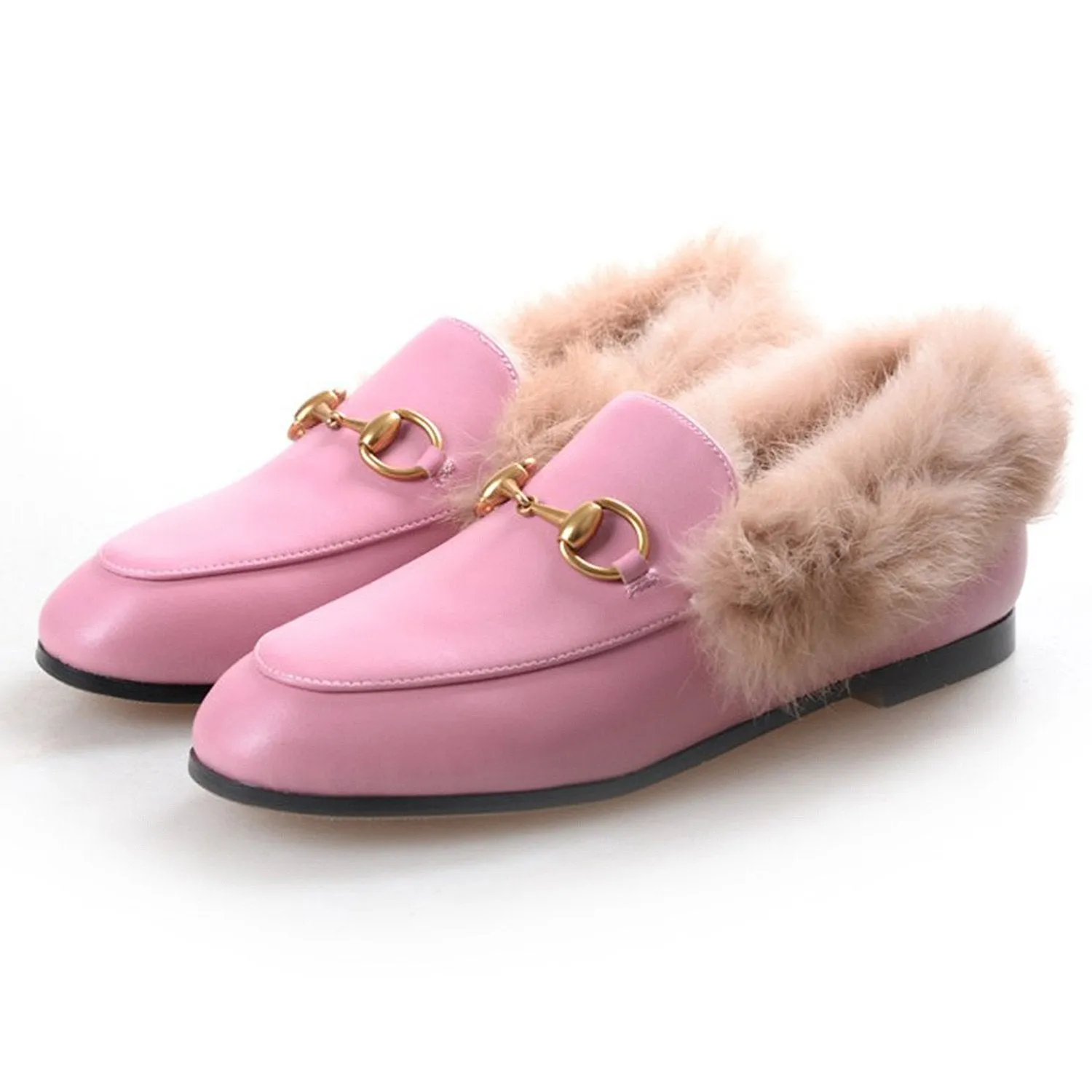 Womens Horsebit Chain Fur Slip-on Penny Loafers