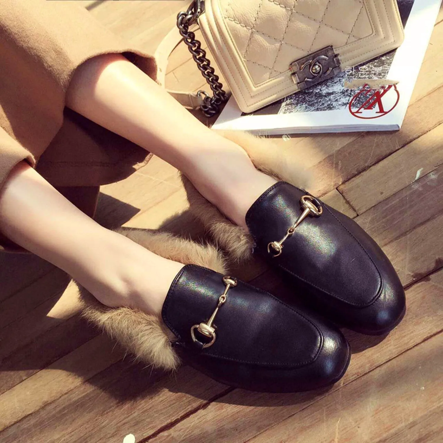 Womens Horsebit Chain Fur Slip-on Penny Loafers