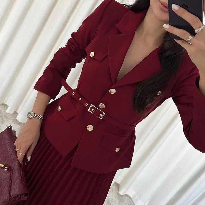 Women's Lapel Blazer & Pleated Maxi Skirt 2-Piece Set with Matching Belt