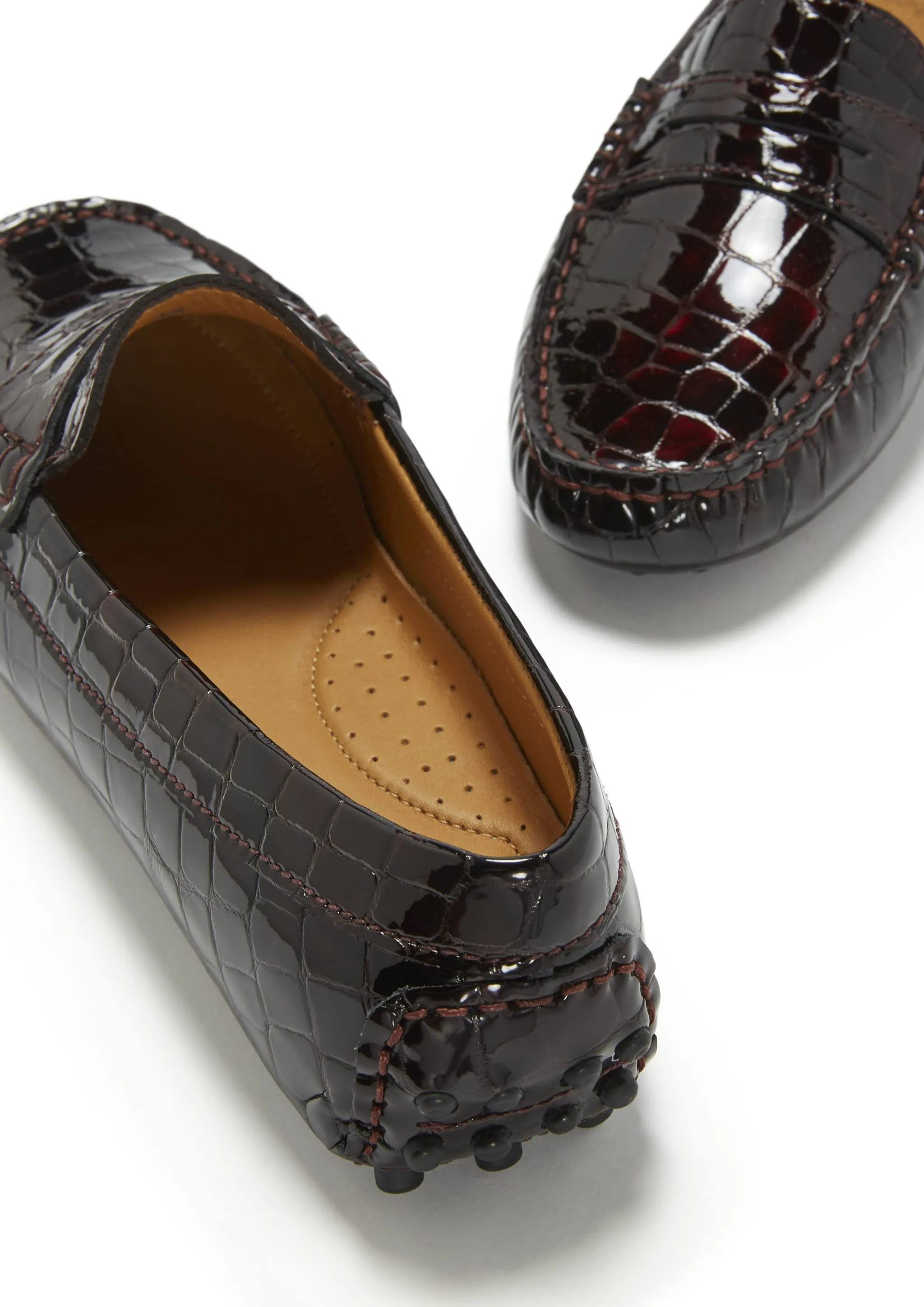 Women's Penny Driving Loafers, brown croc print patent leather