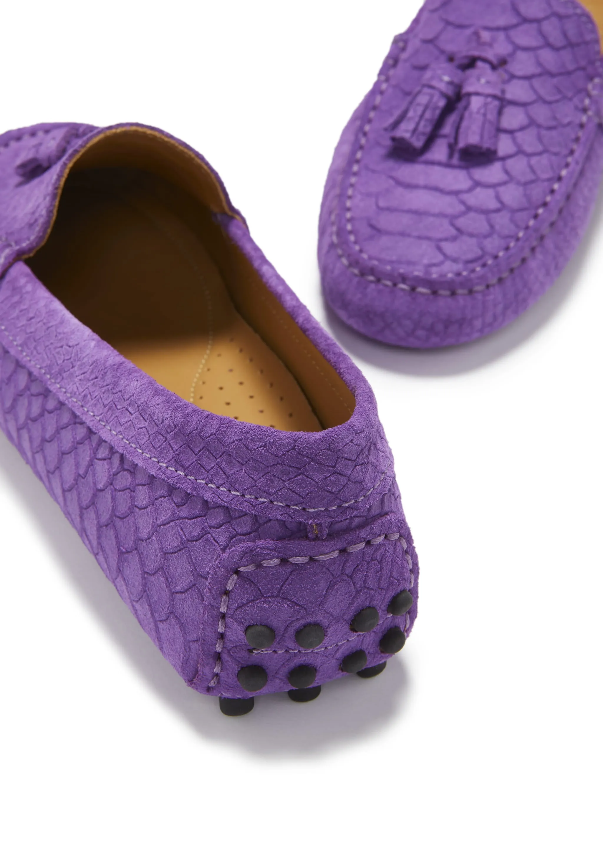 Women's Tasselled Driving Loafers, purple embossed suede