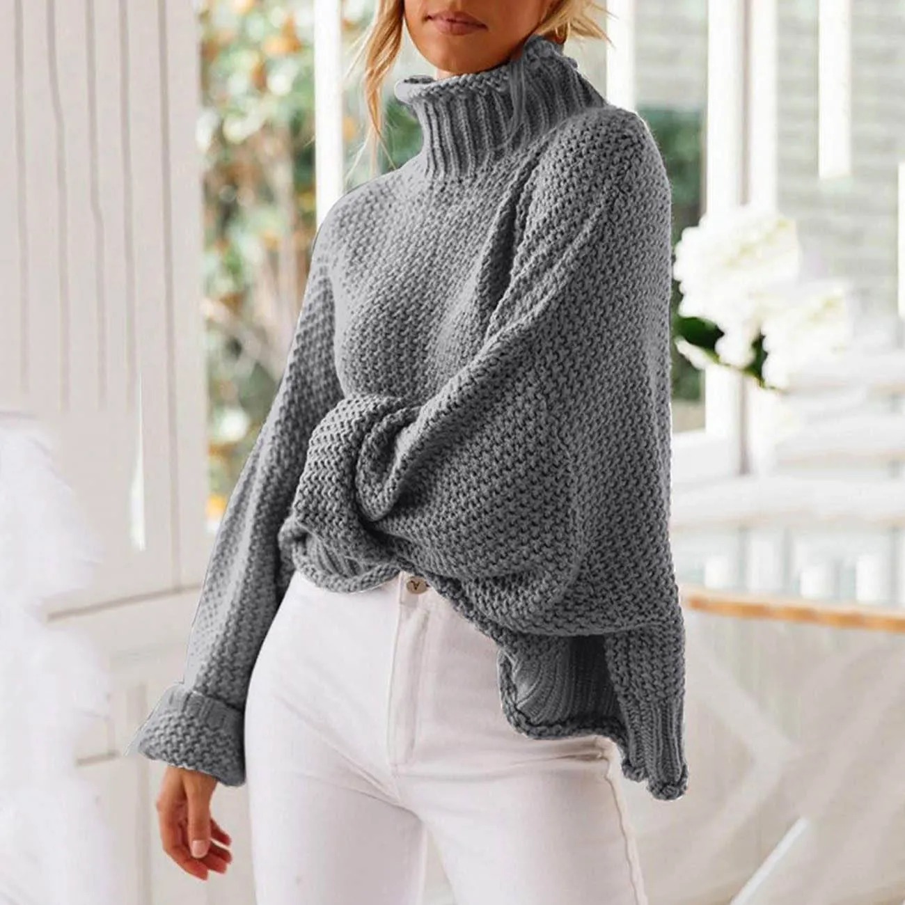 Women's Turtleneck Batwing Sleeve Loose Oversized Chunky Knitted Pullover Sweater Jumper Tops