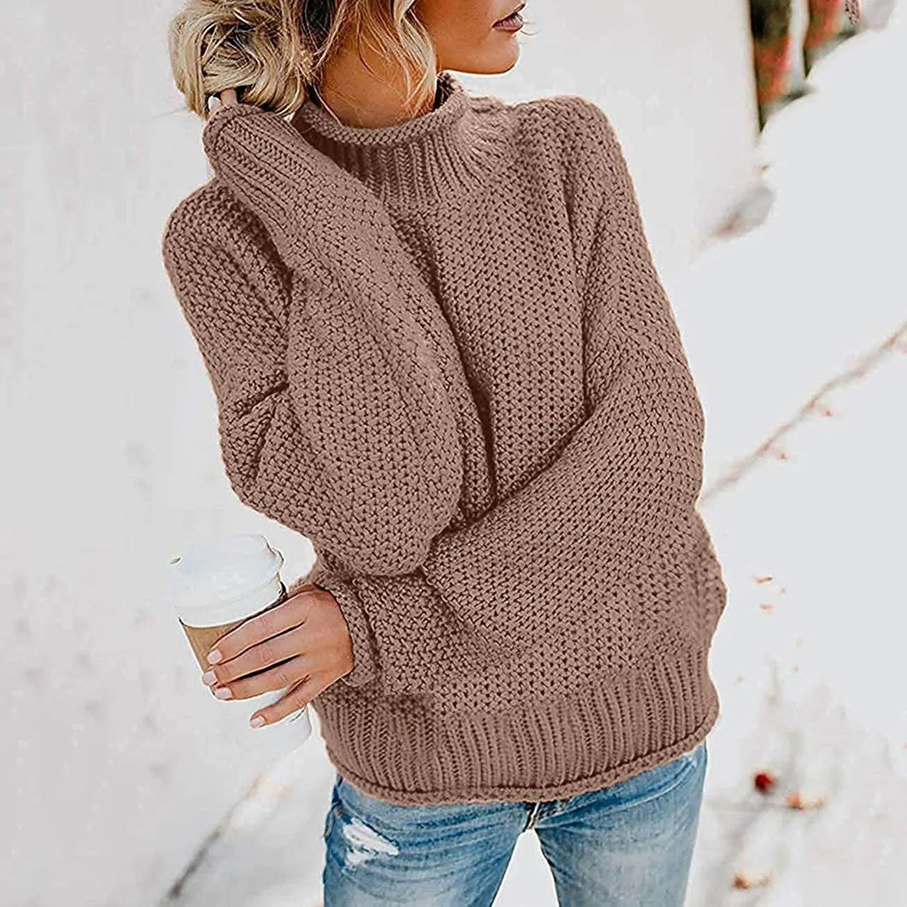 Women's Turtleneck Batwing Sleeve Loose Oversized Chunky Knitted Pullover Sweater Jumper Tops