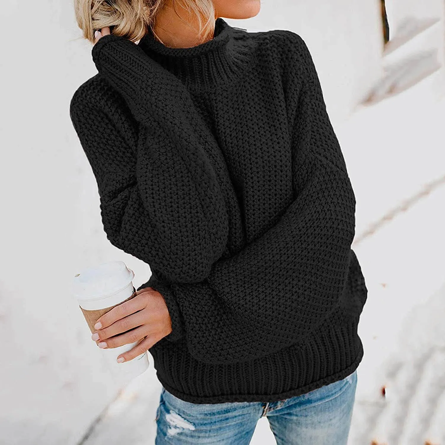 Women's Turtleneck Batwing Sleeve Loose Oversized Chunky Knitted Pullover Sweater Jumper Tops