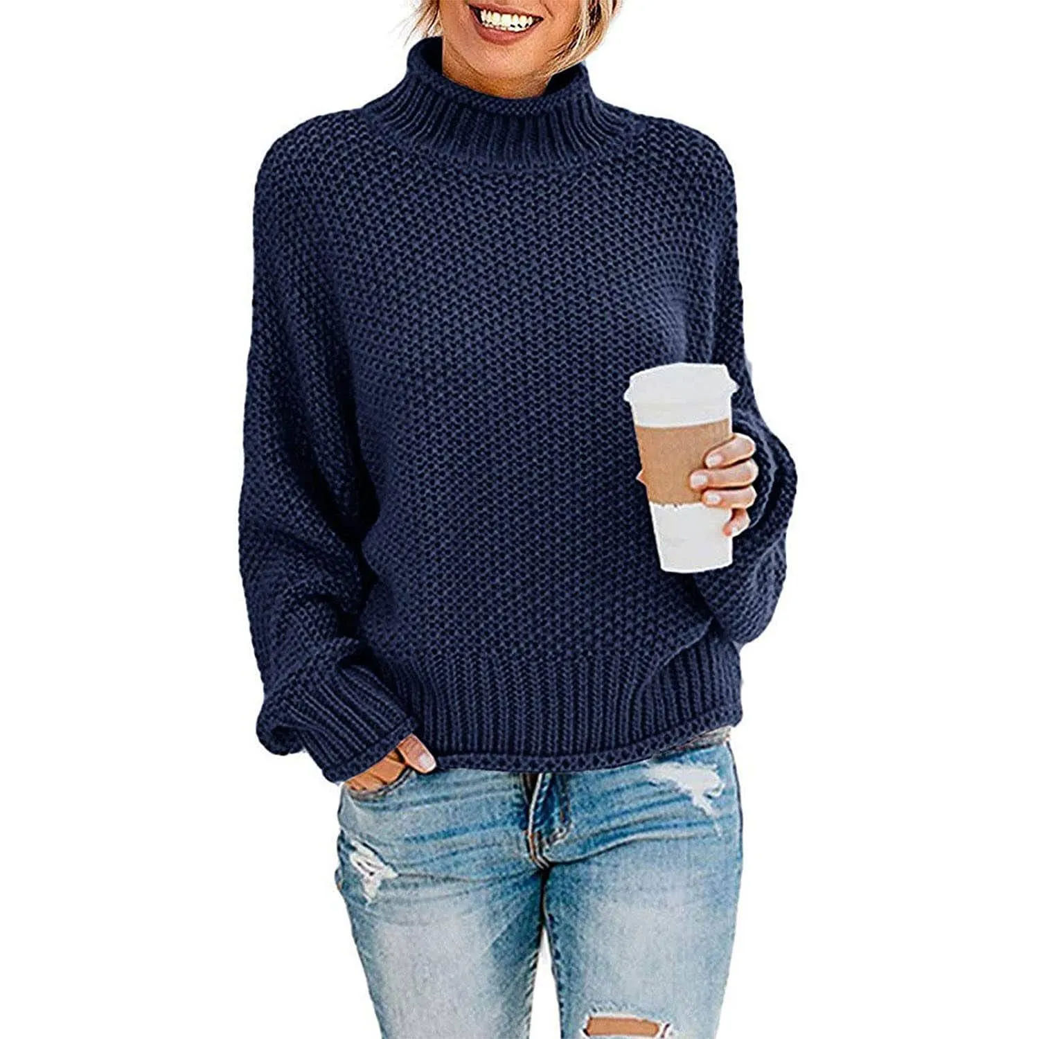 Women's Turtleneck Batwing Sleeve Loose Oversized Chunky Knitted Pullover Sweater Jumper Tops