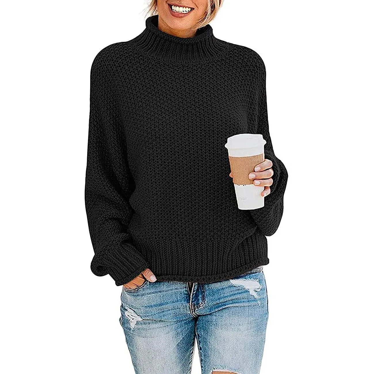 Women's Turtleneck Batwing Sleeve Loose Oversized Chunky Knitted Pullover Sweater Jumper Tops