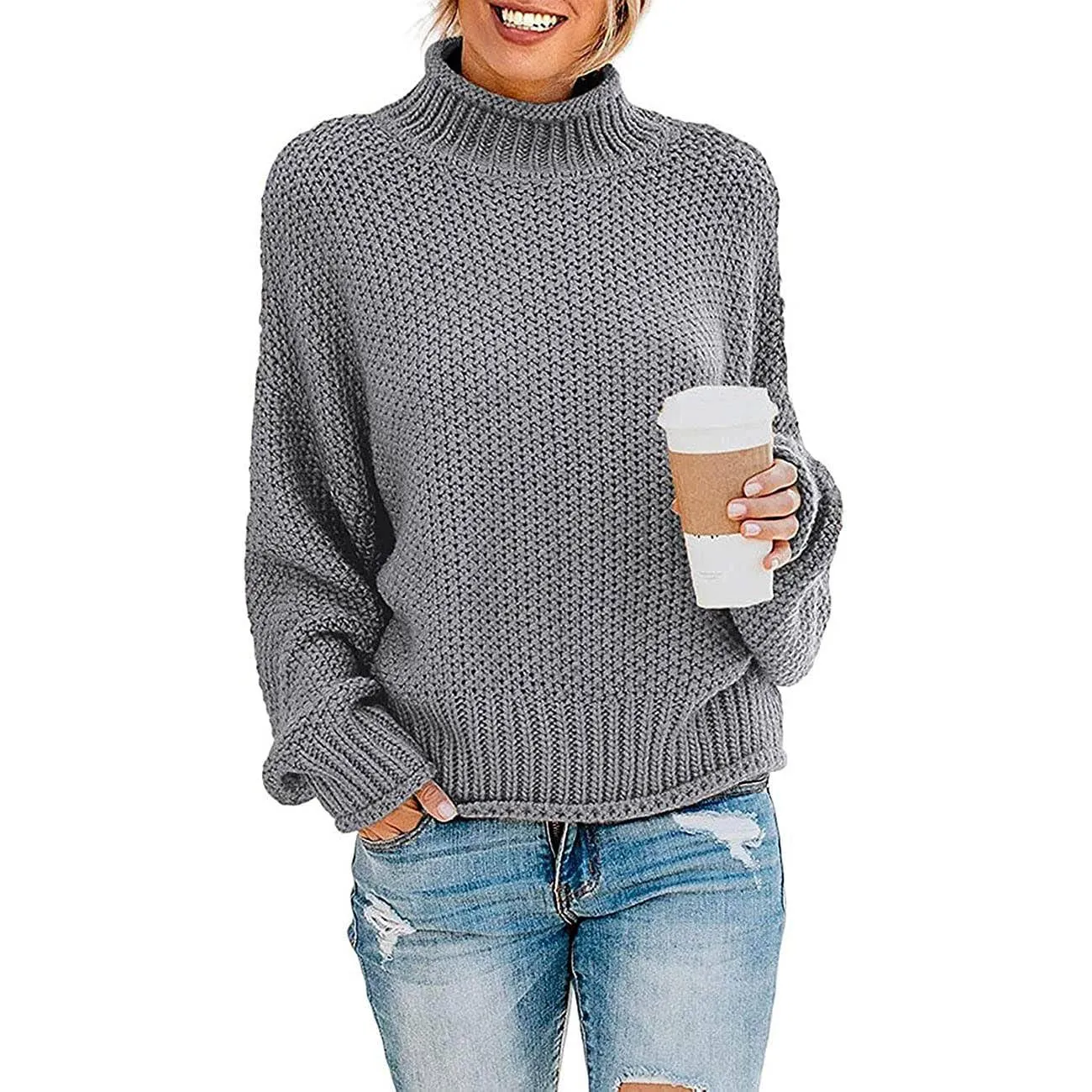 Women's Turtleneck Batwing Sleeve Loose Oversized Chunky Knitted Pullover Sweater Jumper Tops