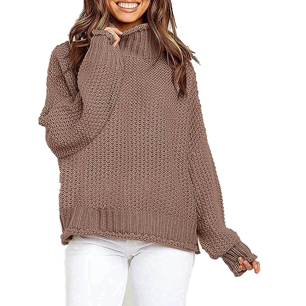 Women's Turtleneck Batwing Sleeve Loose Oversized Chunky Knitted Pullover Sweater Jumper Tops