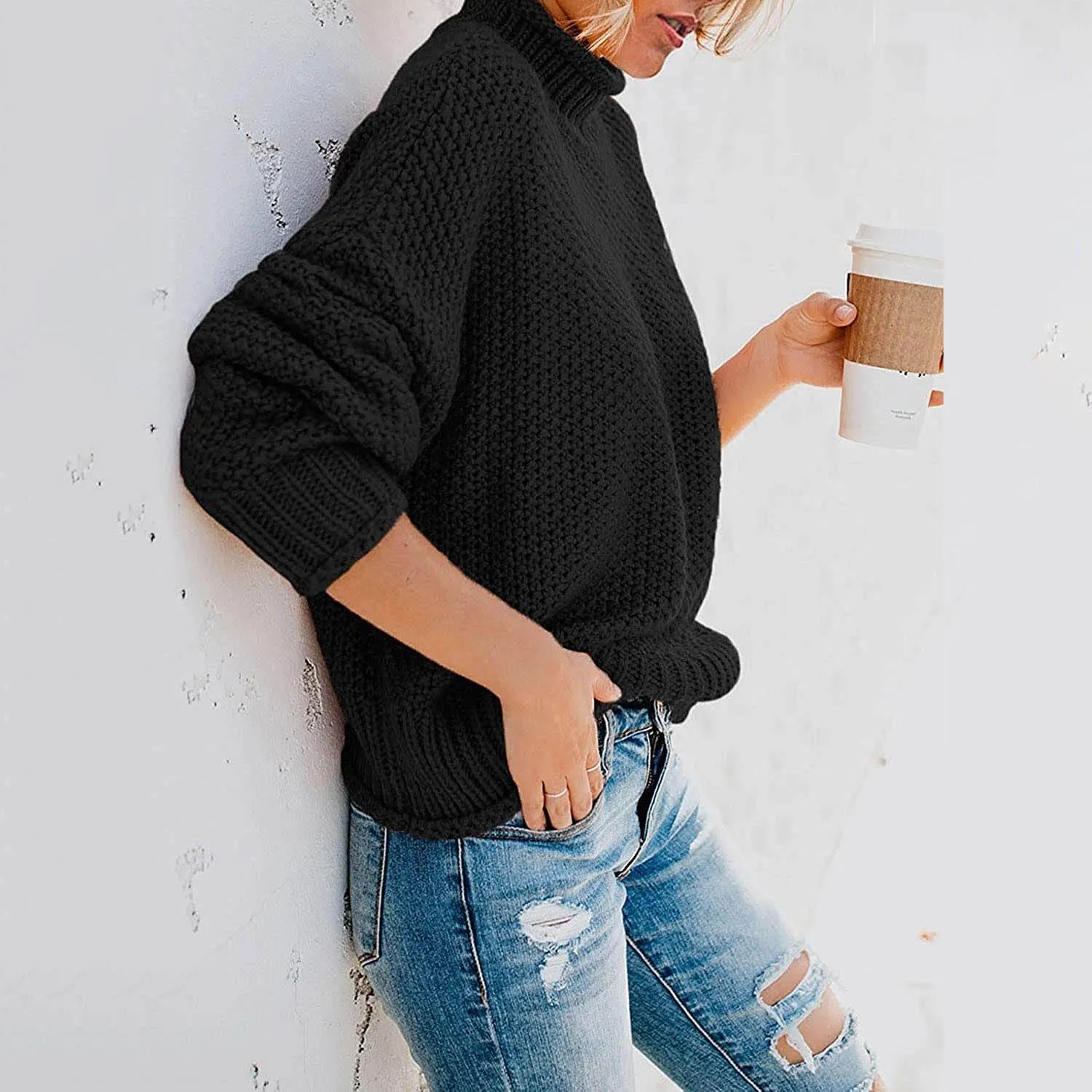 Women's Turtleneck Batwing Sleeve Loose Oversized Chunky Knitted Pullover Sweater Jumper Tops