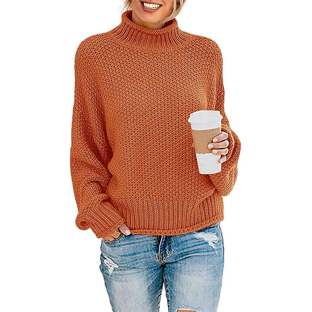 Women's Turtleneck Batwing Sleeve Loose Oversized Chunky Knitted Pullover Sweater Jumper Tops