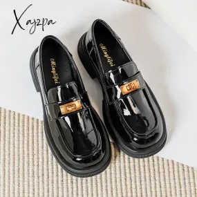 Xajzpa - 2023 spring new women's black leather shoes Black casual loafers Fashion metal design British style High bottom Large size 41-43