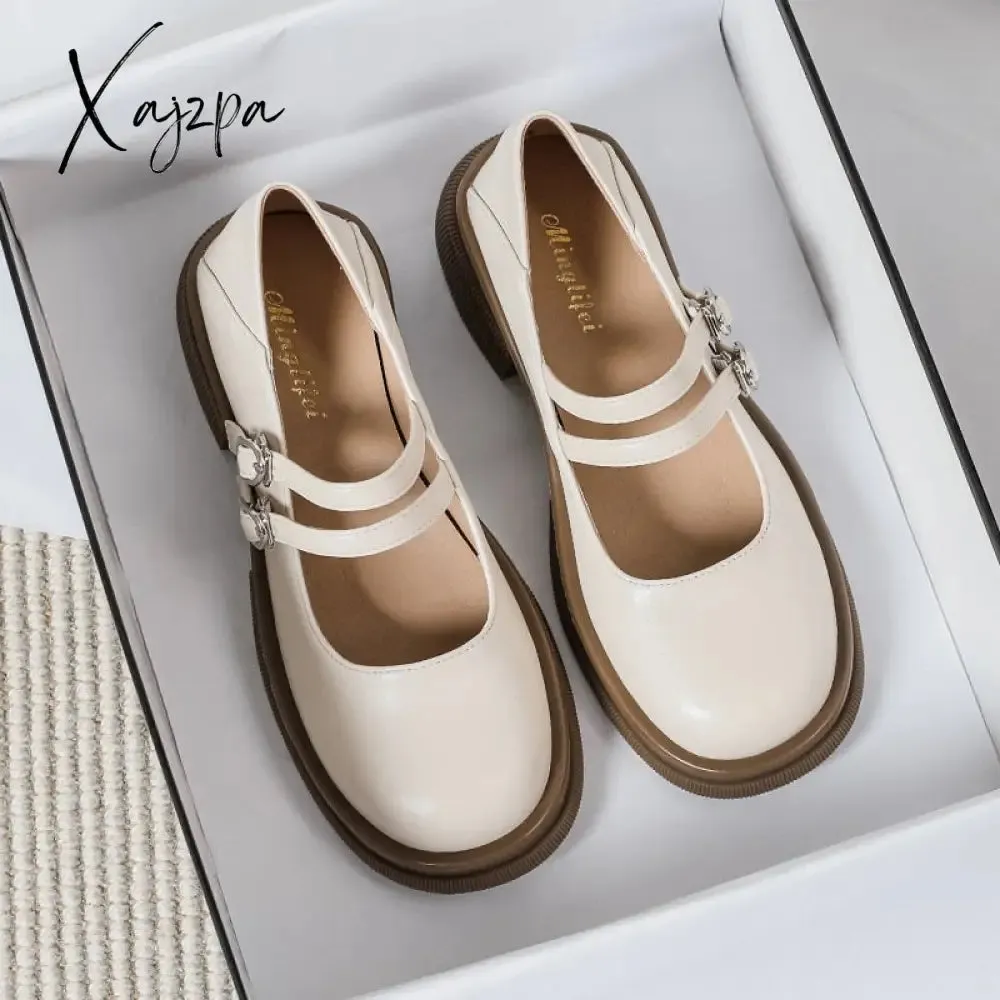 Xajzpa - 2023 spring new women's leather shoes Casual Mary Jane shoes fashion Round head Black loafers Kitten heels Large size 41-43