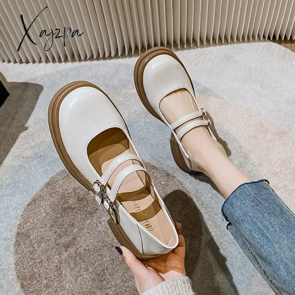 Xajzpa - 2023 spring new women's leather shoes Casual Mary Jane shoes fashion Round head Black loafers Kitten heels Large size 41-43