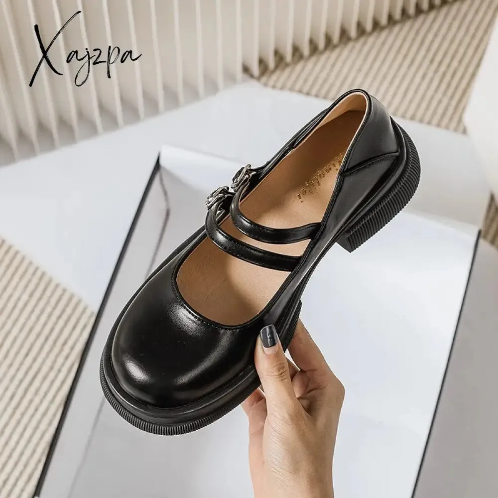 Xajzpa - 2023 spring new women's leather shoes Casual Mary Jane shoes fashion Round head Black loafers Kitten heels Large size 41-43