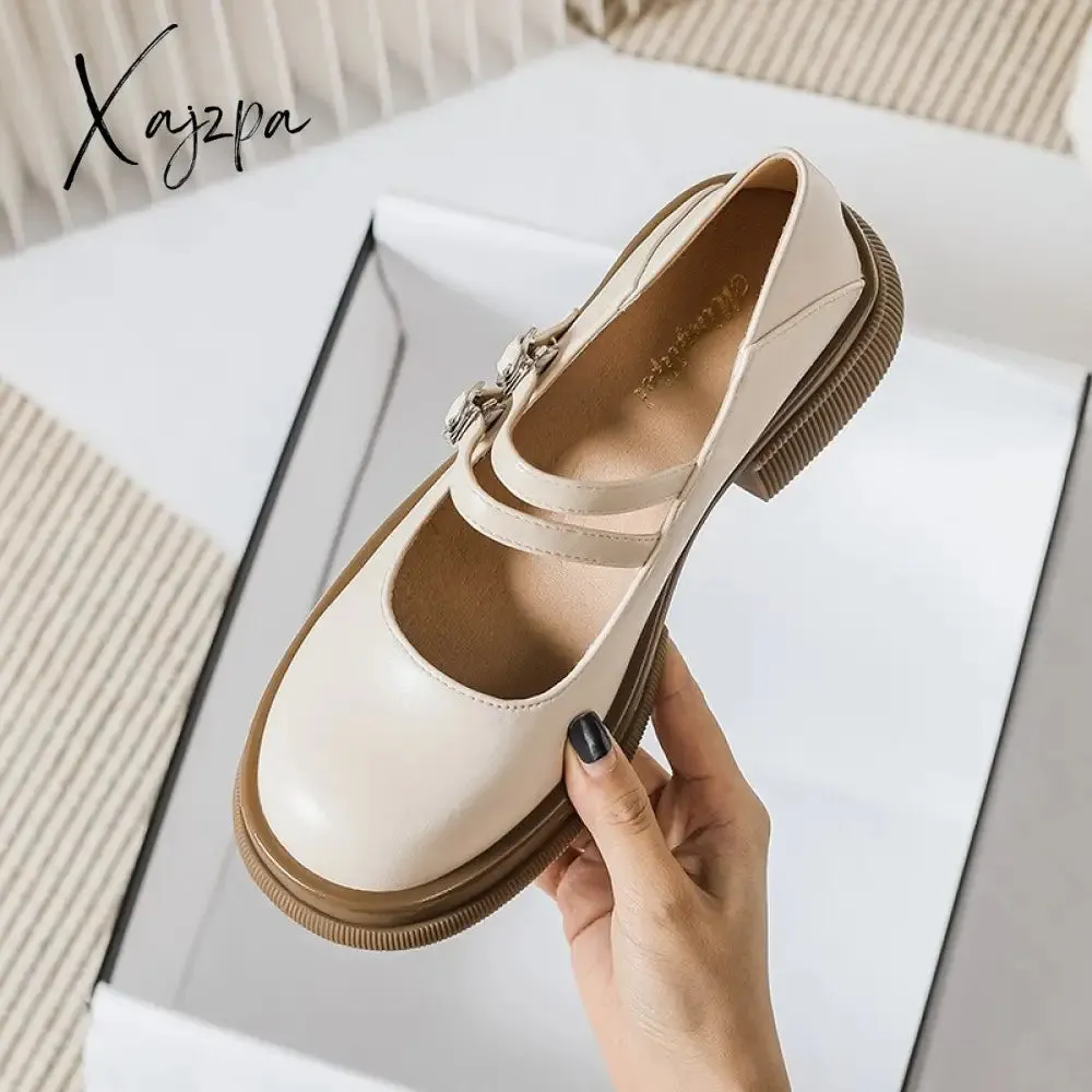 Xajzpa - 2023 spring new women's leather shoes Casual Mary Jane shoes fashion Round head Black loafers Kitten heels Large size 41-43